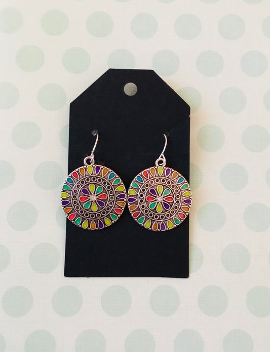 Dangly Round Multi~Color Medallion Earrings