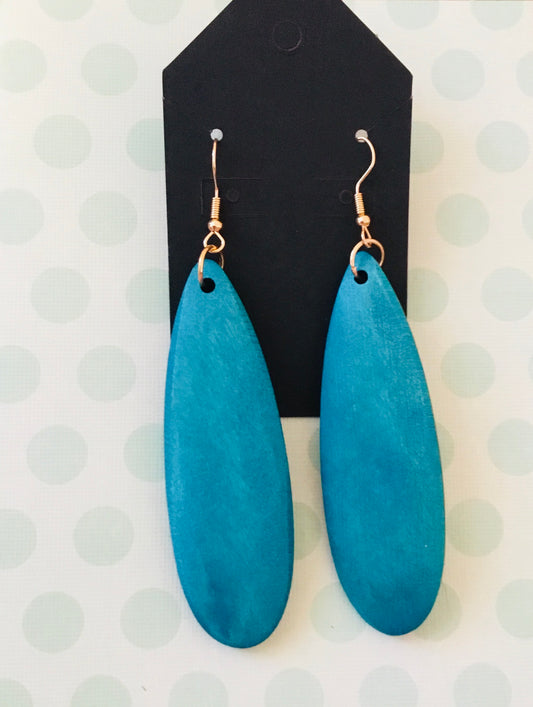 Dangly Turquoise Teardrop Wooden Earrings