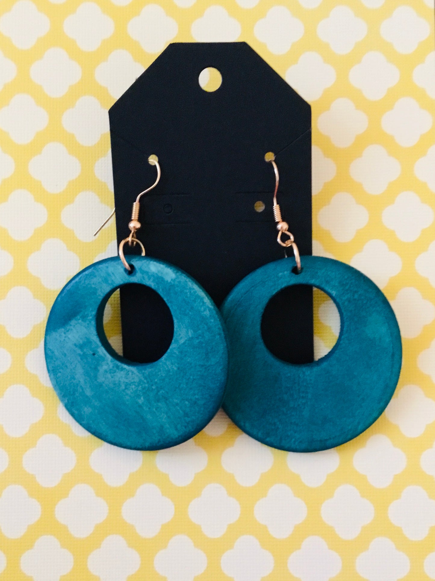 Dangly Turquoise Round Wood Earrings