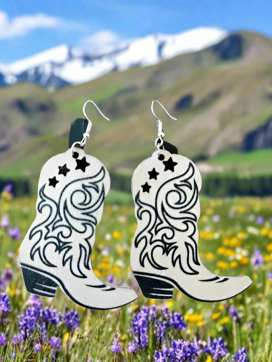 Dangly Wooden Cowboy Boot Earrings