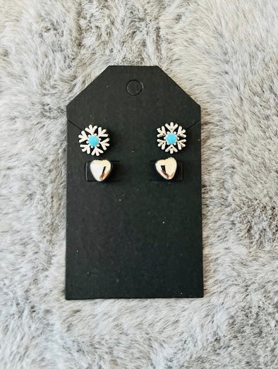 Silver Heart & Snowflake With Turquoise Studs