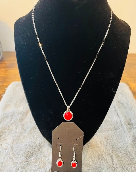 Necklace & Earrings With Red Pendant